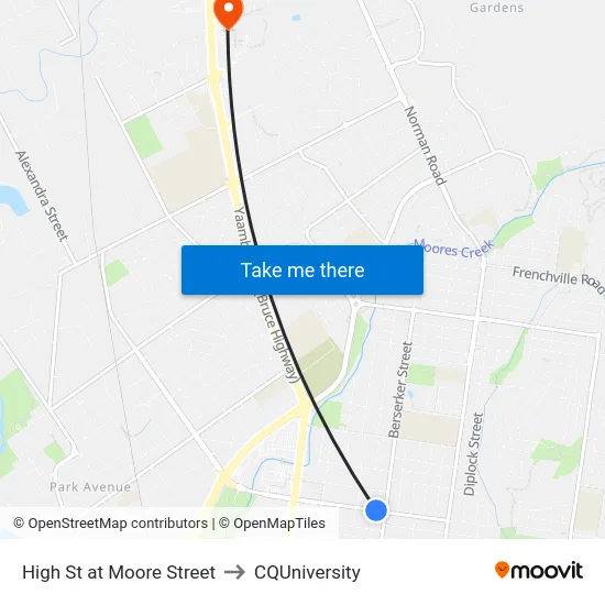 High St at Moore Street to CQUniversity map