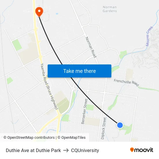 Duthie Ave at Duthie Park to CQUniversity map