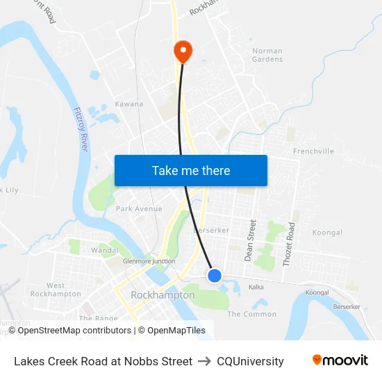 Lakes Creek Road at Nobbs Street to CQUniversity map