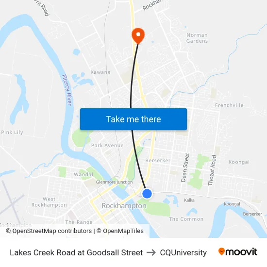 Lakes Creek Road at Goodsall Street to CQUniversity map