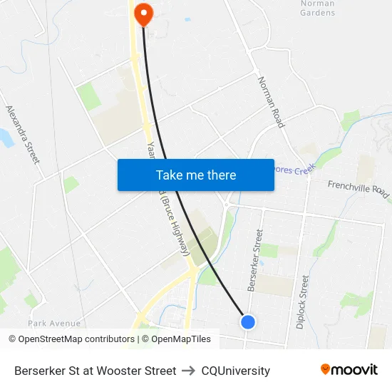 Berserker St at Wooster Street to CQUniversity map