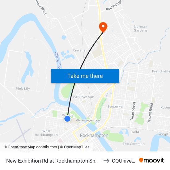 New Exhibition Rd at Rockhampton Showgrounds to CQUniversity map