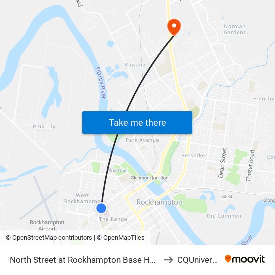 North Street at Rockhampton Base Hospital to CQUniversity map