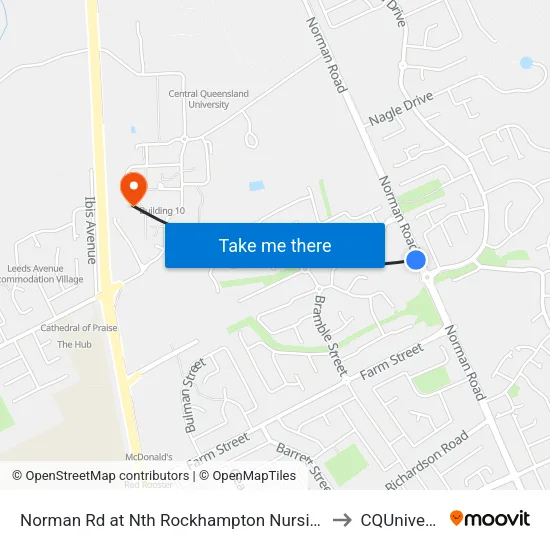 Norman Rd at Nth Rockhampton Nursing Centre to CQUniversity map