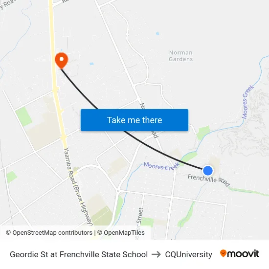 Geordie St at Frenchville State School to CQUniversity map