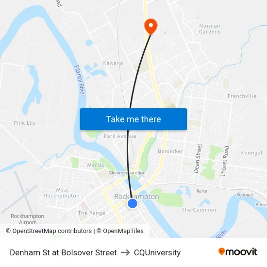 Denham St at Bolsover Street to CQUniversity map