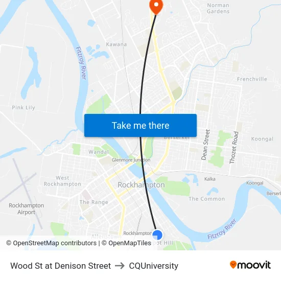 Wood St at Denison Street to CQUniversity map
