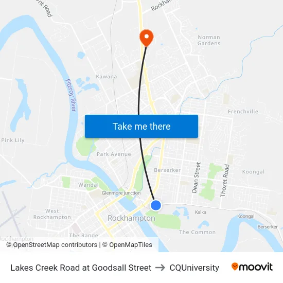 Lakes Creek Road at Goodsall Street to CQUniversity map