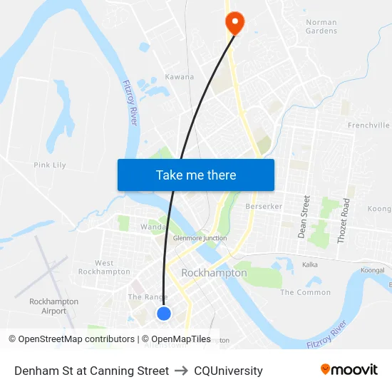Denham St at Canning Street to CQUniversity map