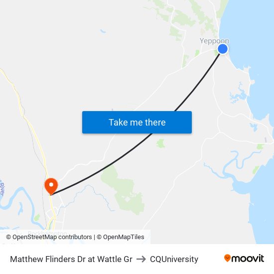 Matthew Flinders Dr at Wattle Gr to CQUniversity map