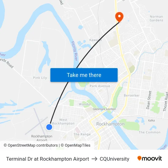 Terminal Dr at Rockhampton Airport to CQUniversity map