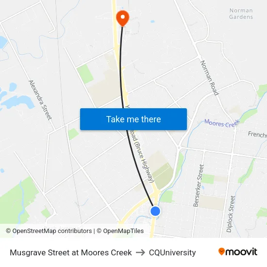 Musgrave Street at Moores Creek to CQUniversity map