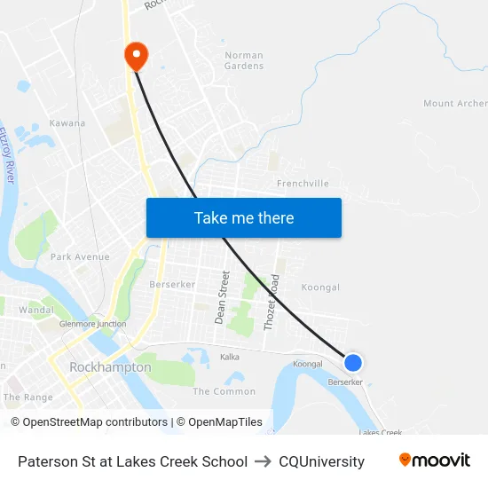 Paterson St at Lakes Creek School to CQUniversity map