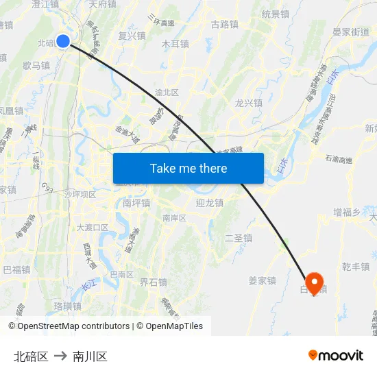 北碚区 to 南川区 map