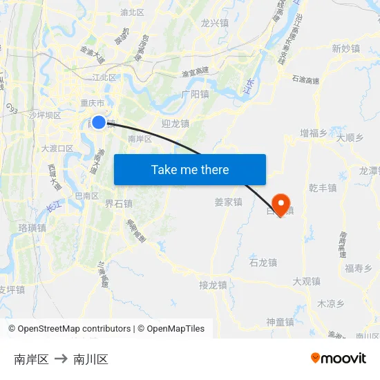 南岸区 to 南川区 map