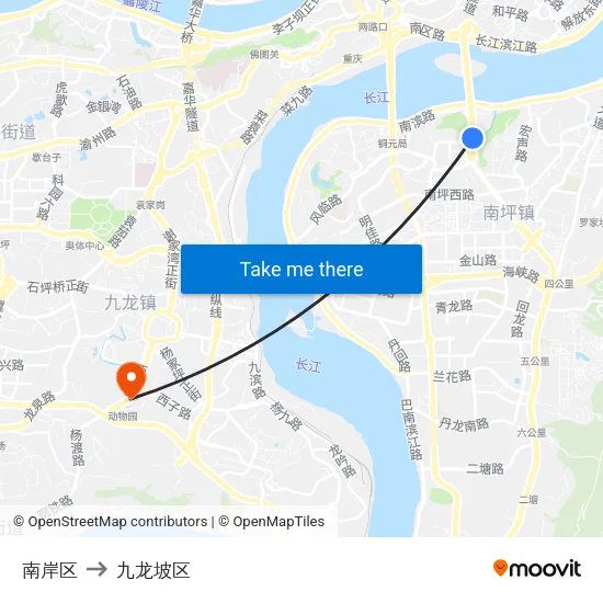 南岸区 to 九龙坡区 map