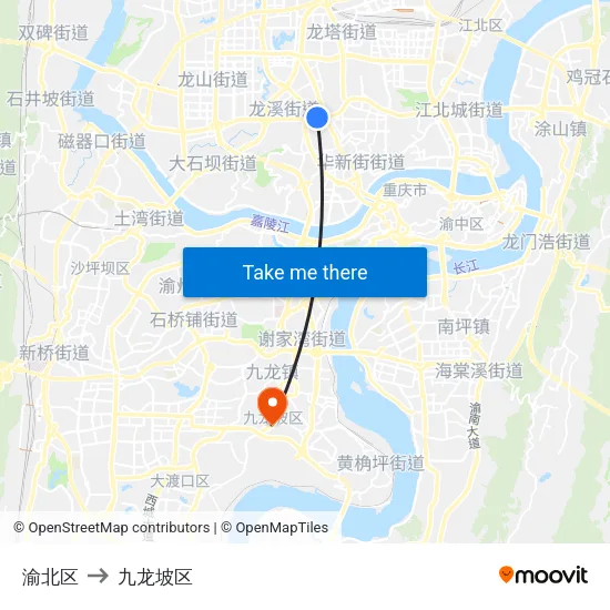 渝北区 to 九龙坡区 map