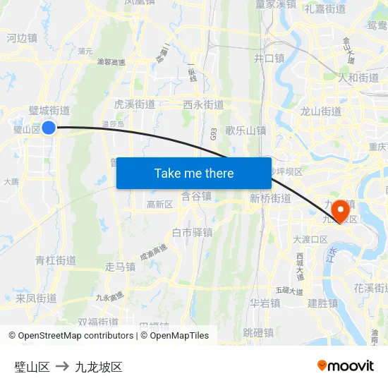 璧山区 to 九龙坡区 map