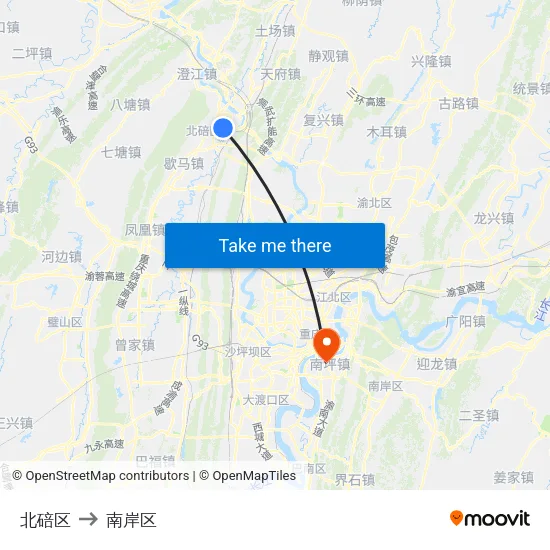 北碚区 to 南岸区 map