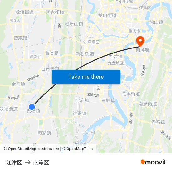 江津区 to 南岸区 map