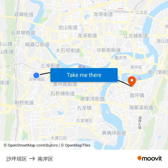 沙坪坝区 to 南岸区 map