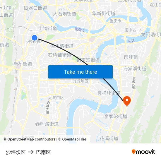 沙坪坝区 to 巴南区 map