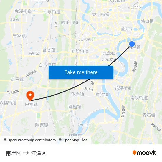 南岸区 to 江津区 map