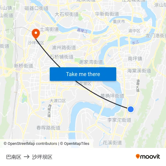 巴南区 to 沙坪坝区 map