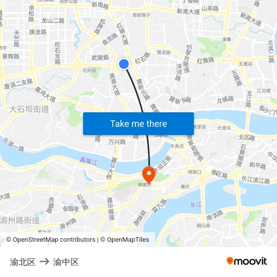 渝北区 to 渝中区 map