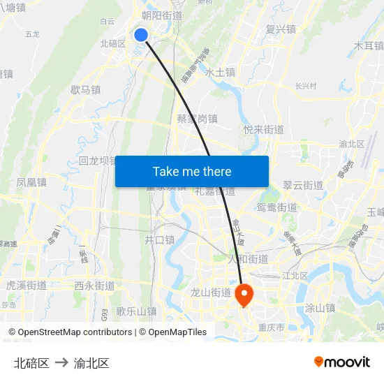 北碚区 to 渝北区 map