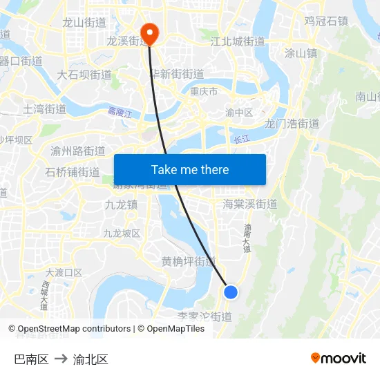 巴南区 to 渝北区 map
