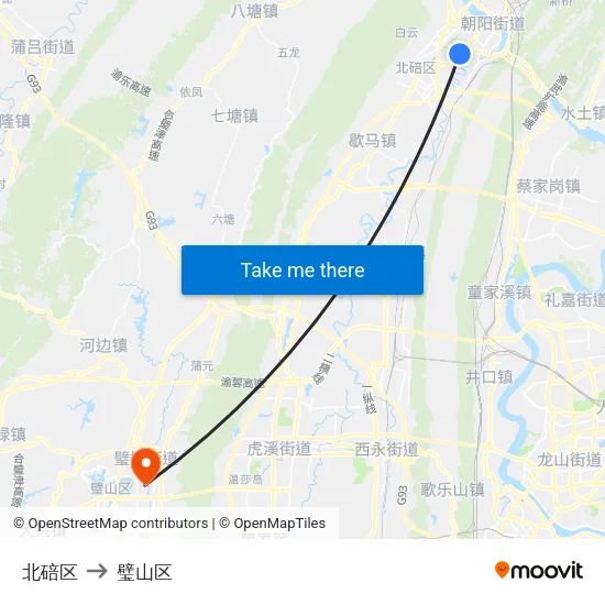 北碚区 to 璧山区 map
