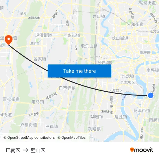巴南区 to 璧山区 map