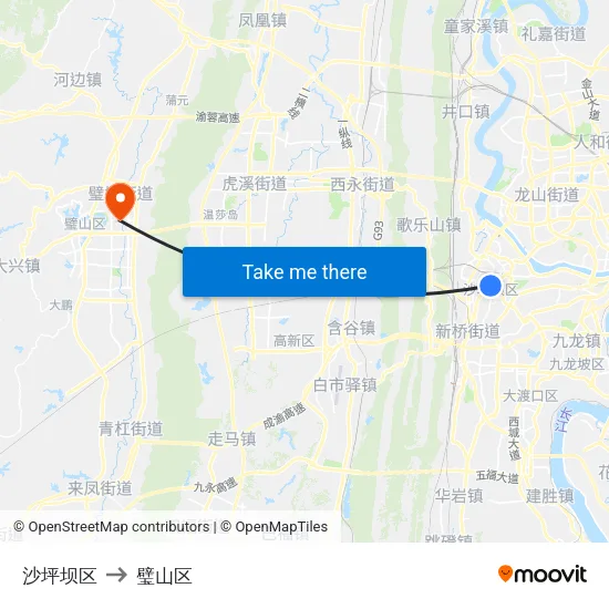 沙坪坝区 to 璧山区 map