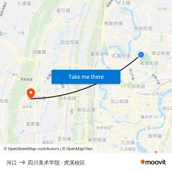 河口 to 四川美术学院 - 虎溪校区 map
