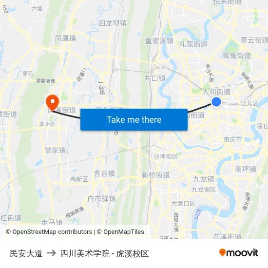 民安大道 to 四川美术学院 - 虎溪校区 map