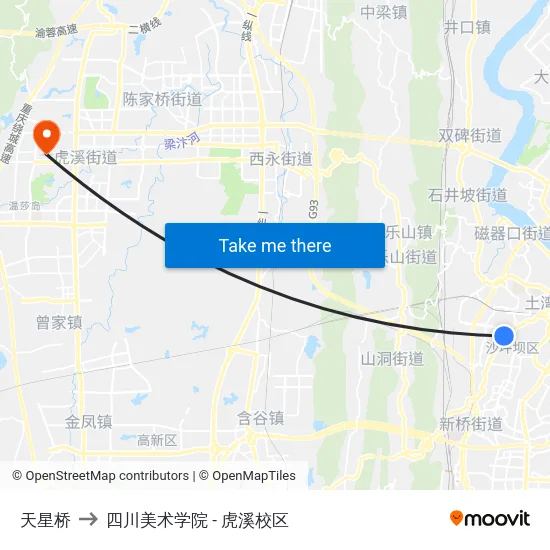 天星桥 to 四川美术学院 - 虎溪校区 map