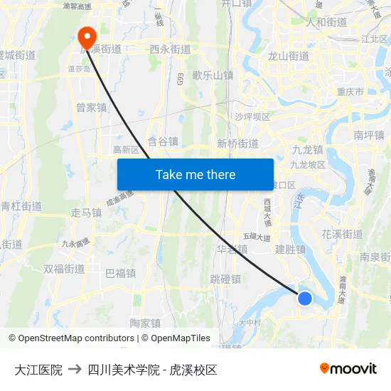 大江医院 to 四川美术学院 - 虎溪校区 map