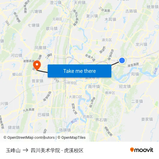 玉峰山 to 四川美术学院 - 虎溪校区 map