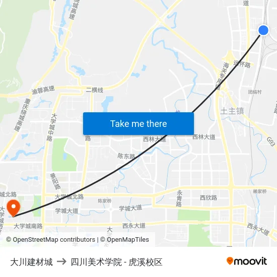 大川建材城 to 四川美术学院 - 虎溪校区 map