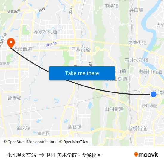 沙坪坝火车站 to 四川美术学院 - 虎溪校区 map