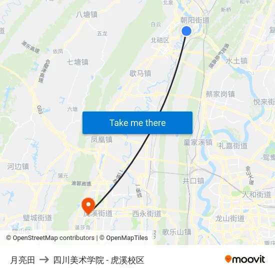 月亮田 to 四川美术学院 - 虎溪校区 map