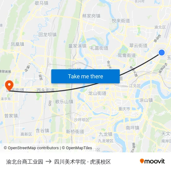 渝北台商工业园 to 四川美术学院 - 虎溪校区 map