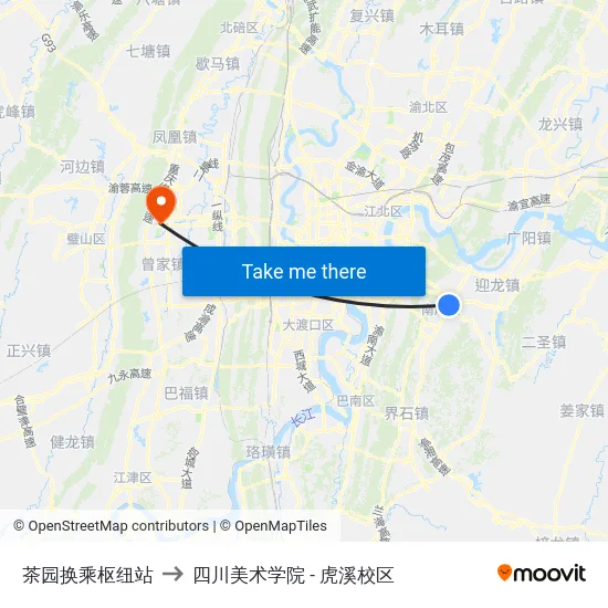 茶园换乘枢纽站 to 四川美术学院 - 虎溪校区 map