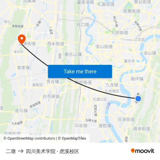 二塘 to 四川美术学院 - 虎溪校区 map