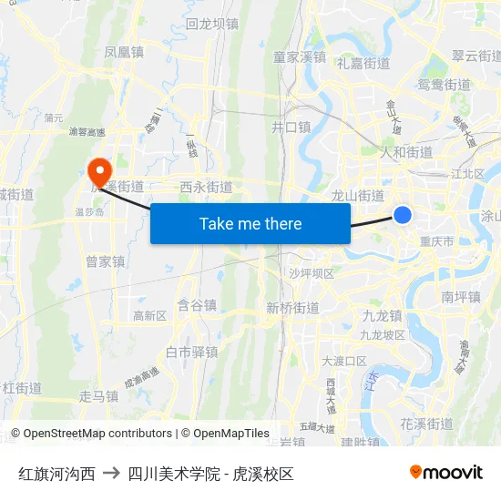 红旗河沟西 to 四川美术学院 - 虎溪校区 map