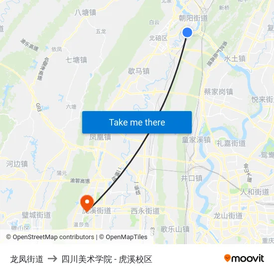 龙凤街道 to 四川美术学院 - 虎溪校区 map