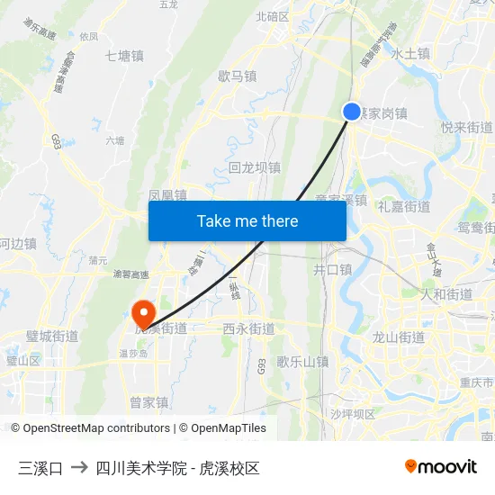 三溪口 to 四川美术学院 - 虎溪校区 map