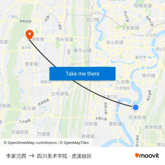 李家沱西 to 四川美术学院 - 虎溪校区 map
