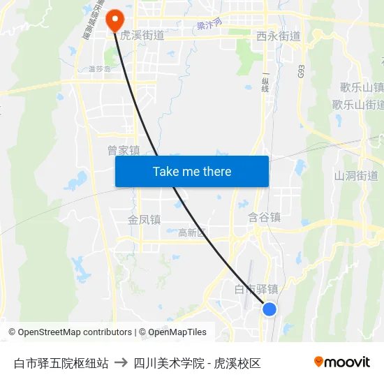 白市驿五院枢纽站 to 四川美术学院 - 虎溪校区 map
